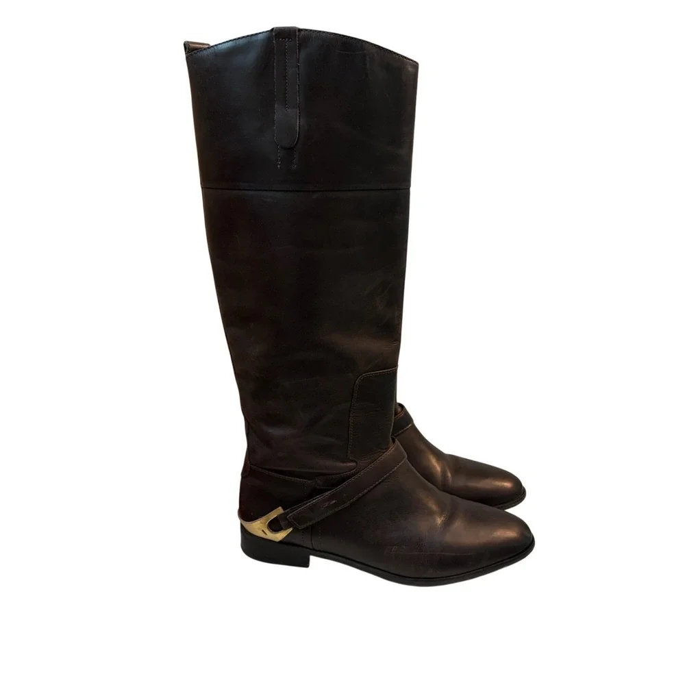 Brown Knee-High Leather‎ Riding Boots Side Strap Gold Buckle Accent Women's Sz 9